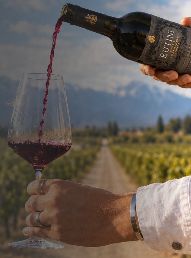 Una botella Rutini sirviendo vino en una copa frente a un viñedo y la cordillera